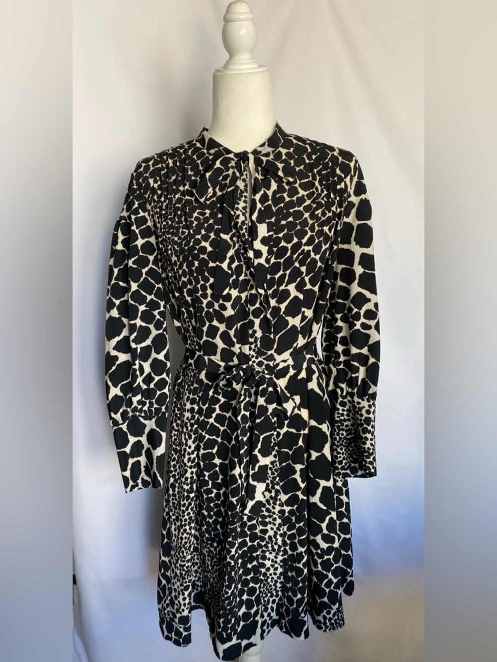 Topshop Black and White animal print Tie-Neck Long Sleeve Dress